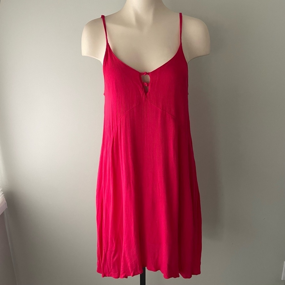 Roxy Crepe Keyhole Mini Tank Slip Dress Crinkle Babydoll Raspberry Hot Pink